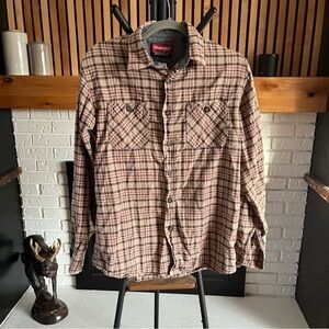 Vintage Wrangler Originals Shirt - Men’s Medium, Tan Brown & Red Plaid